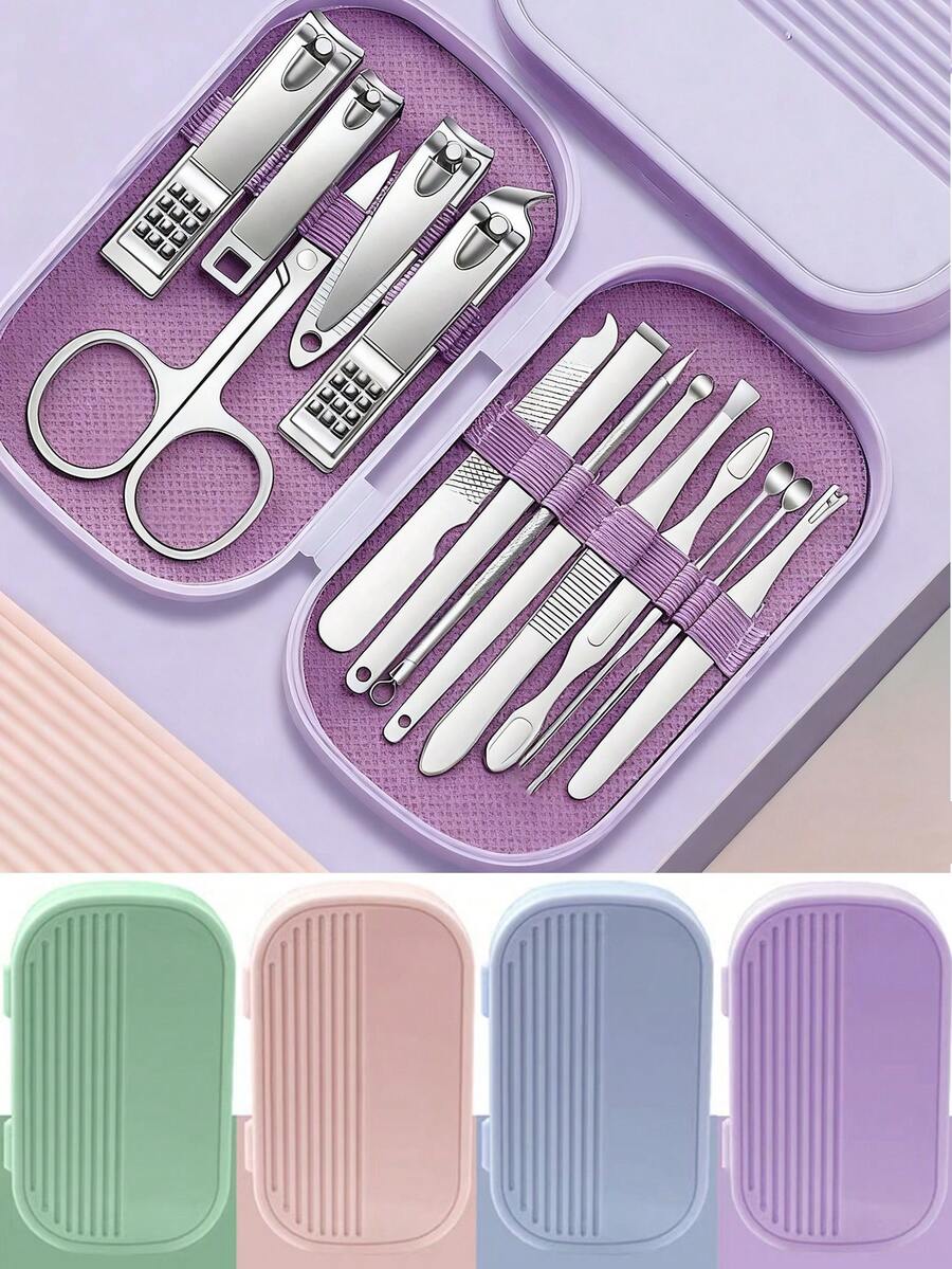 8/14 piezas Juego de herramientas de manicura de acero inoxidable, incluye cortaúñas, tijeras, cortaúñas de pies y herramientas para el cuidado de los pies - Estuche de viaje portátil unisex para el aseo con estuche de almacenamiento - Multicolor - Ver 1