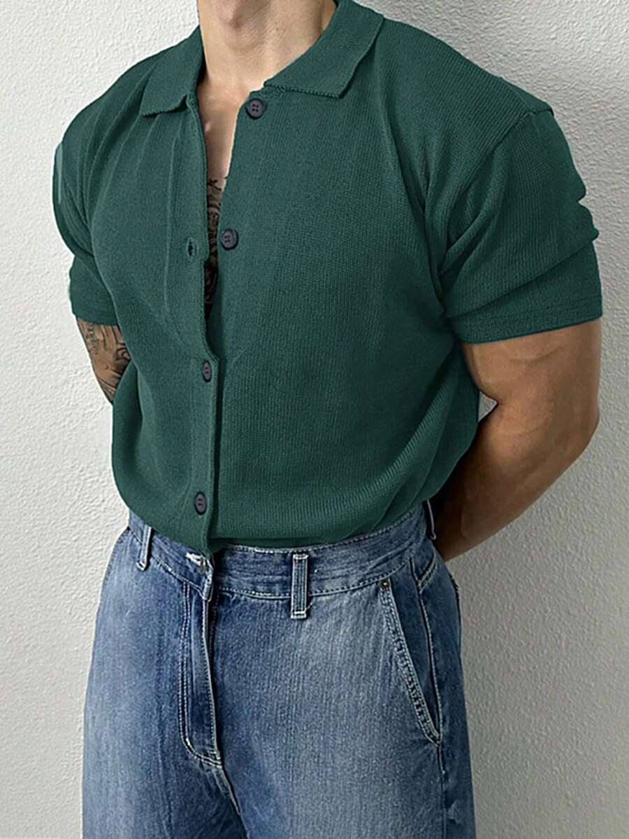 Men's Casual Solid Color Short Sleeve Button-Up Shirt, Fashion And Versatile For Daily Wear, Spring - Dark Green - View 1