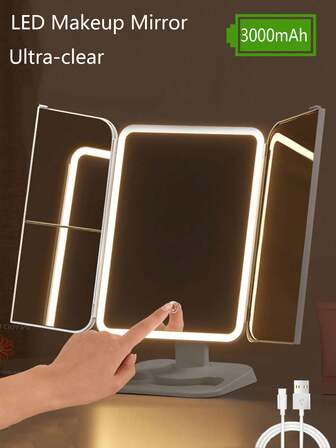 Led Makeup Mirror With Touch Screen, 3 Light Modes, Portable Stand And Foldable Compact Mirror With 3x 2X Magnification, Desk Table Vanity Mirror, Living Room Home Bedroom Bathroom House Decor, Travel Stuff, Wedding, Party, Birthday, Gifts For Men Mom Dad Best Friends Teacher, New Years, Accessories
