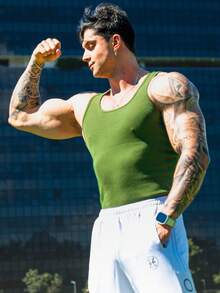 CBUM Men's Tank Top With U-Neck, Ribbed Cotton And Elastane Knit Fabric, For Training, Gym, Fitness, And Weightlifting. - 軍綠色 - 查看 3