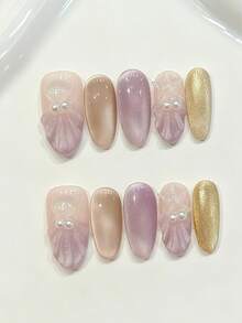 10 Stücke mittlere ovale handgemachte Aufklebe-Nägel für Partys und den täglichen Gebrauch, rosa Nägel, ovale Nägel, rosa-lila Farbverlauf, glänzend und strahlend, einfach zu tragen. 10 Stücke Y2K handgemachte Aufklebe-Nägel, geeignet für Mädchen und Frauen, Festivals, Partys und täglichen Gebrauch, Nagelbedarf - Babypink - Übersicht 9