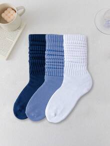 3pairs/Set Women's Blue Tone Coarse Needle Double-Needle Simple Over-The-Knee Pile Socks, Long Socks, Fall - Multicolor - View 6