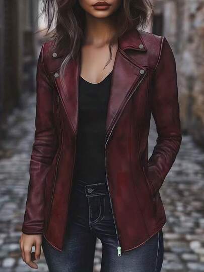 Women's Vintage Street Style Solid Color Zip-Up Cardigan With Lapel Collar Long Sleeve Jacket Top, Spring/Autumn Vacation