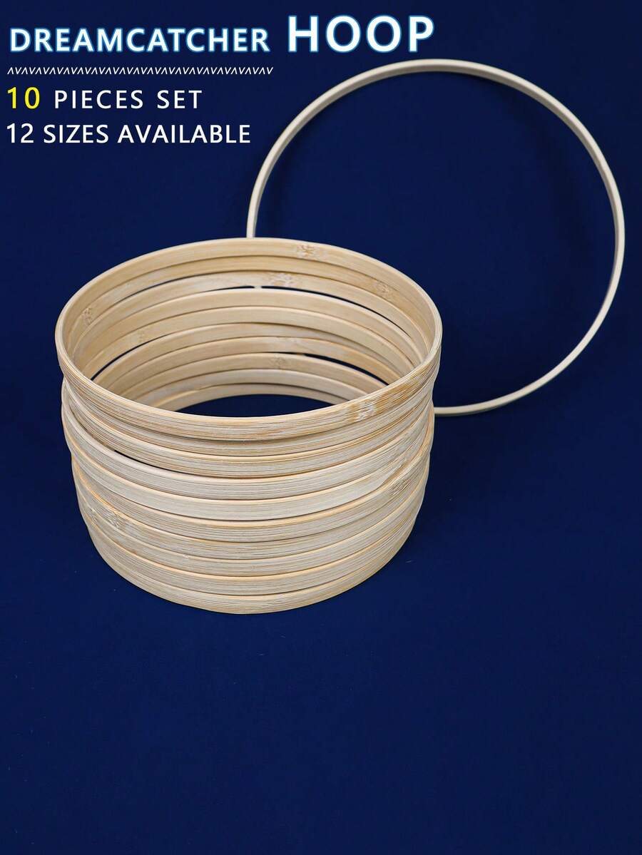 10pcs Beige Dreamcatcher Bamboo Hoops, Outdoor Lawn Wedding Hanging Decor, Wind Chime Feather Ornament Hoops For Halloween, Christmas And Other Holidays, Bamboo Material Decorative Rings For Wall, Bedroom, DIY Embroidery Hoops