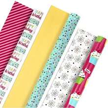 Hallmark - Rollos de papel de regalo de cumpleaños, papel colorido para regalo, flores, magdalenas, rayas, lunares (juego de 3 rollos reversibles: 75 sq. pies ttl.)(rosa, azul.) - Multicolor - Ver 2