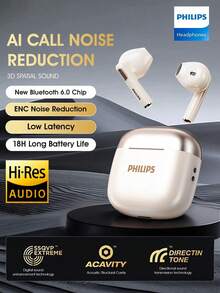Tai nghe không dây Bluetooth 6.0 mới của Philips, TAT1420, Âm thanh trung thực cao, Thiết kế bán nhét tai, Khử tiếng ồn, Thể thao chơi game, Phổ thông cho điện thoại Xiaomi Apple - trắng - Xem 1