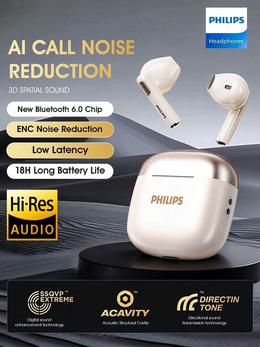 Tai nghe không dây Bluetooth 6.0 mới của Philips, TAT1420, Âm thanh trung thực cao, Thiết kế bán nhét tai, Khử tiếng ồn, Thể thao chơi game, Phổ thông cho điện thoại Xiaomi Apple - trắng - Xem 1