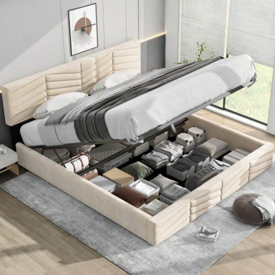 Bed Frames - 米色+絨布+160cm*200cm - 查看 1