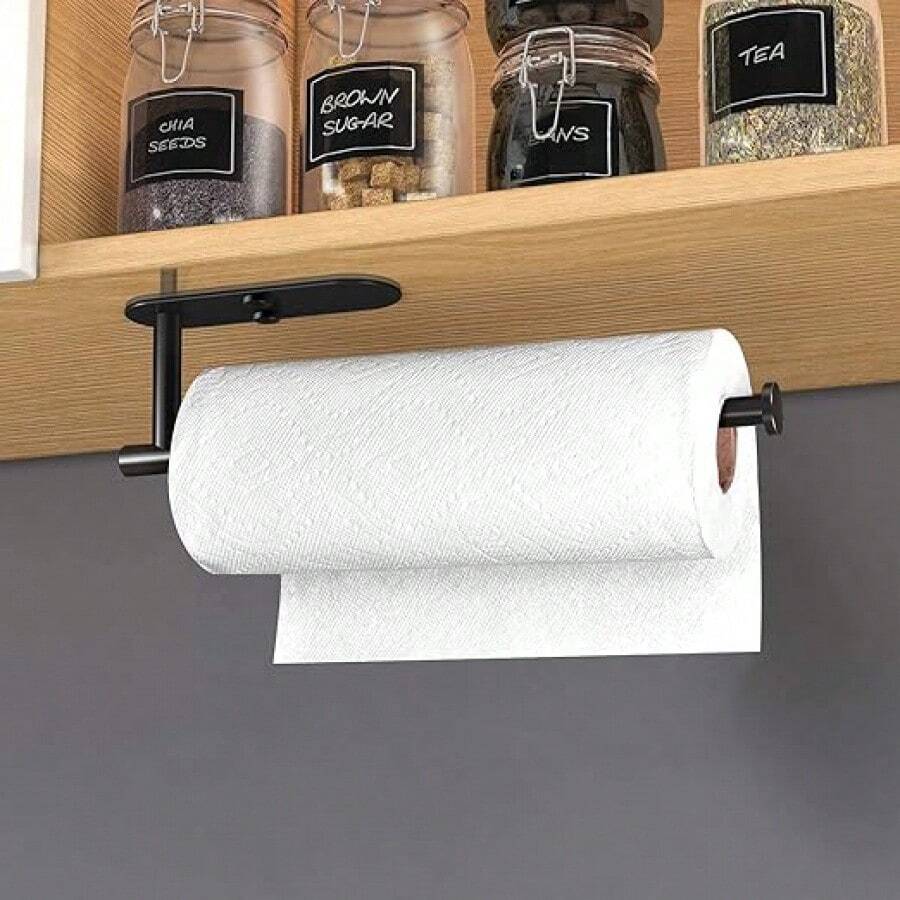 1pc Adhesive Paper Towel Holder, Wall-Mounted Under Cabinet Kitchen Paper Towel Rack, Stainless Steel Paper Towel Roll Holder, Bathroom Paper Towel Dispenser - Multicolor - View 1