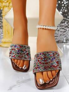 Summer New Rhinestone Slip-On Beach Sandals, Fashionable Flat Slippers - Coffee 1 - View 4
