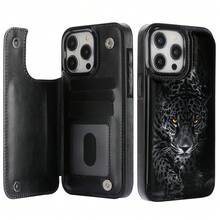 Night Leopard Pattern Faux Leather Magnetic Case Compatible With IPhone 17 Pro Max, 17 Air, 16 Pro, 15, 14 Plus, 13 And 12 It Also Works With  S25 ULTRA/ S25/ S24 ULTRA/ S24/ S23 ULTRA/ S23/ S22 ULTRA And Accepts Credit Cards, Room Cards And. Christmas Accessories. Suitable For IPhone 17 Pro Max Phone Case, Exquisite High-Definition Printed Phone Case, Perfect Christmas Gift For Family, Boyfriend/Girlfriend, Personal Phone Case, Christmas Gift, Fashionable Phone Case, Card Bag Style Phone Case, Wallet Style Phone Case - 黑色 - 查看 2