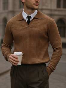 WAIT HIM Suéter de cuello polo de manga larga de unicolor y textura casual para hombre