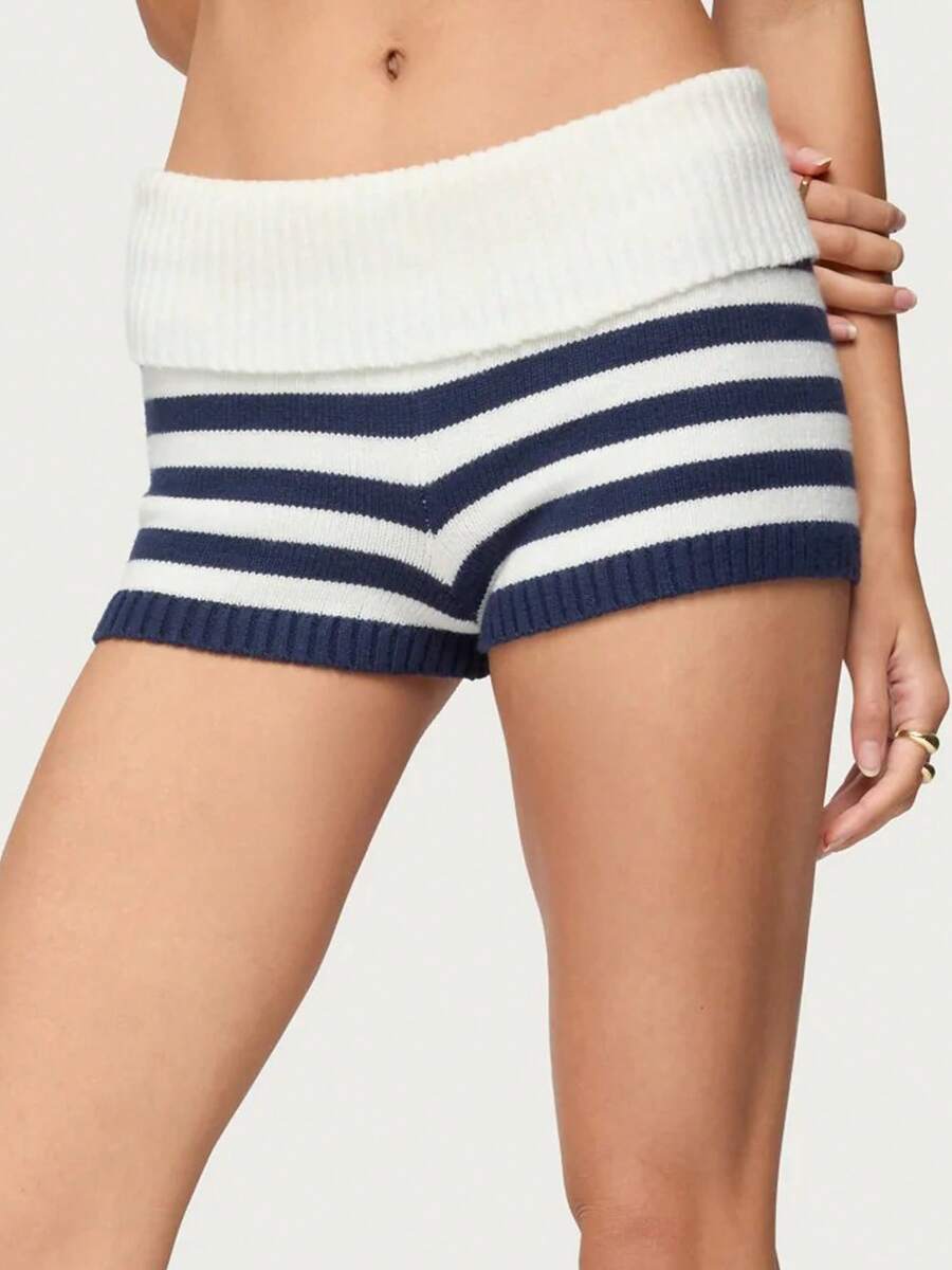 Women's Fold Over Shorts Striped Knit Low Rise Elastic Waist Shorts Y2K Skinny Pajamas Mini Shorts Sleepwear Stretchy Yoga Shorts Sweater Shorts Loungewear - 藍色 - 查看 1