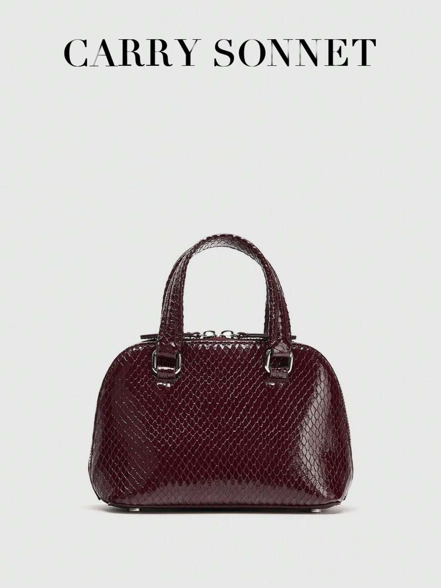 酒红色蛇纹印花女士手提包，亮面迷你托特包，复古时尚单肩包，女士钱包，假日必备，旅行必备，女士礼物 - 酒紅色 - 查看 1