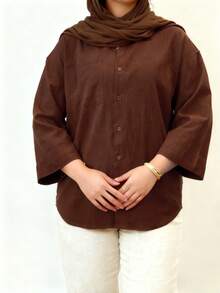 女士圣诞节纽扣衬衫，女士秋季衬衫，春季上衣，圣诞节上衣，新年上衣，优雅上衣，休闲上衣，度假上衣 - 棕色 - 查看 2