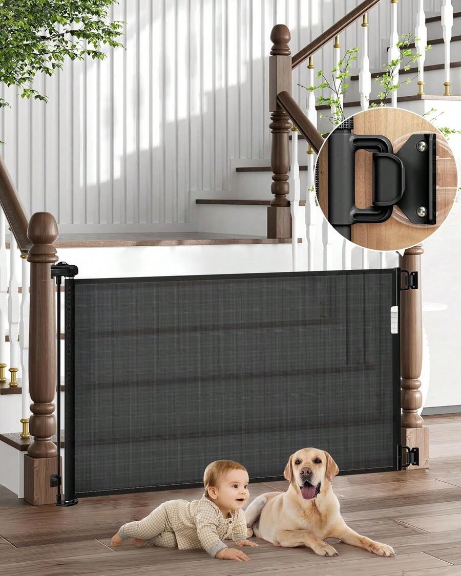 Puerta de  para Bebé, Ancha de Retráctil Puerta de  para Mascotas y Niños,Puerta de Malla para Perros para Casa Ajustable, para Puertas, Pasillos, Puerta(Negro, 150CM) - Negro - Ver 1