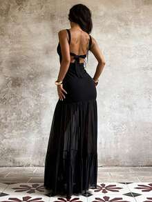 一件纯色优雅针织不对称/不对称网纱拼接拉链派对连衣裙，适合返校、单身派对、海滩派对、生日派对、夏季日常穿着，黑色。 - 黑色 - 查看 6