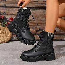 Super Warm Winter Boots - Non-Slip Thick Sole, Polar-Grade Warmth, Low Heel, Round Toe, Solid Color Simple Design, Suitable For Outdoor Hiking, Artificial Leather Upper, PU Sole, Fabric Lining, Hiking Boots - màu đen - Xem 2