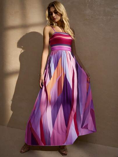 大码女式彩虹条纹印花针织弹力吊带背心拼布褶边连衣裙，细肩带太阳裙，适合度假、约会、家居服、夏季