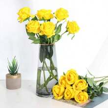 20pcs Artificial Yellow Rose Flowers, Fake Roses For DIY Wedding Bouquet, Table Centerpiece, Bridal Shower, Valentine's Day Decor - Dark Yellow - View 3
