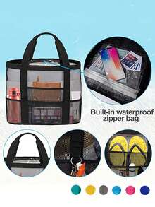 1 pieza Bolsa de playa de malla extra grande - Bolsa de playa antiarena, con gran capacidad, adecuada para uso familiar, plegable y ligera, con cremallera y bolsillo extra, puede contener juguetes y artículos esenciales para vacaciones en la playa - Negro - Ver 7