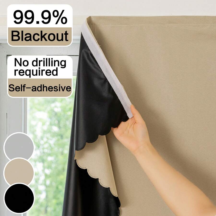 1pc Blackout Curtain, Solid Color With Black Backing, Blocks Sunlight, Darkens Room, Protects Privacy, No-Drill Adhesive Window Curtain - Multicolor - View 1
