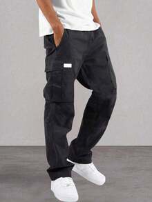 1 pieza Pantalones cargo rectos de unicolor y versátiles para niños preadolescentes, adecuados para ir y venir, la escuela, el uso diario casual, los viajes, los deportes, primavera/verano/otoño/invierno - Negro - Ver 4
