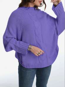 Plus Size Casual Solid Color Batwing Sleeve Pullover Sweater, Autumn/Winter - Purple - View 4