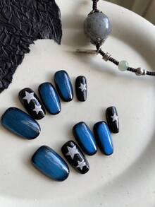 10 pièces Ongles acryliques à clipser Ongles bleus Ongles noirs d'œil de chat Étoile Fournitures d'ongles à clipser Faux ongles courts Kit d'ongles artificiels comprenant 1 feuille d'onglets adhésifs et 1 lime mini - Multicolore - Voir 3