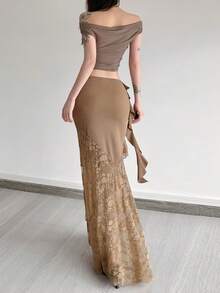 Chân váy nữ YeonC phong cách lãng mạn Pháp, co giãn tốt, thanh lịch, điểm nhấn là chi tiết ren xuyên thấu, được làm từ polyester, hoàn hảo cho các bữa tiệc và kỳ nghỉ. - màu nâu - Xem 2