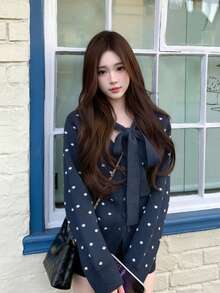 Áo khoác cardigan len họa tiết chấm bi thắt nơ kiểu Pháp dành cho nữ, mẫu mới về phong cách thường ngày cho đầu thu - Màu xanh hải quân - Xem 1