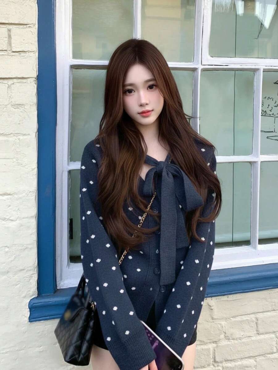 Áo khoác cardigan len họa tiết chấm bi thắt nơ kiểu Pháp dành cho nữ, mẫu mới về phong cách thường ngày cho đầu thu - Màu xanh hải quân - Xem 1