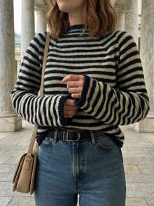 Minimalist Contrast Striped Crew Neck Knit Sweater, Long Sleeve Soft & Cozy Layering Top For Women, Autumn/Winter