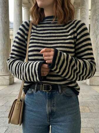 简约撞色条纹圆领针织毛衣，长袖柔软舒适女士分层上衣，秋冬