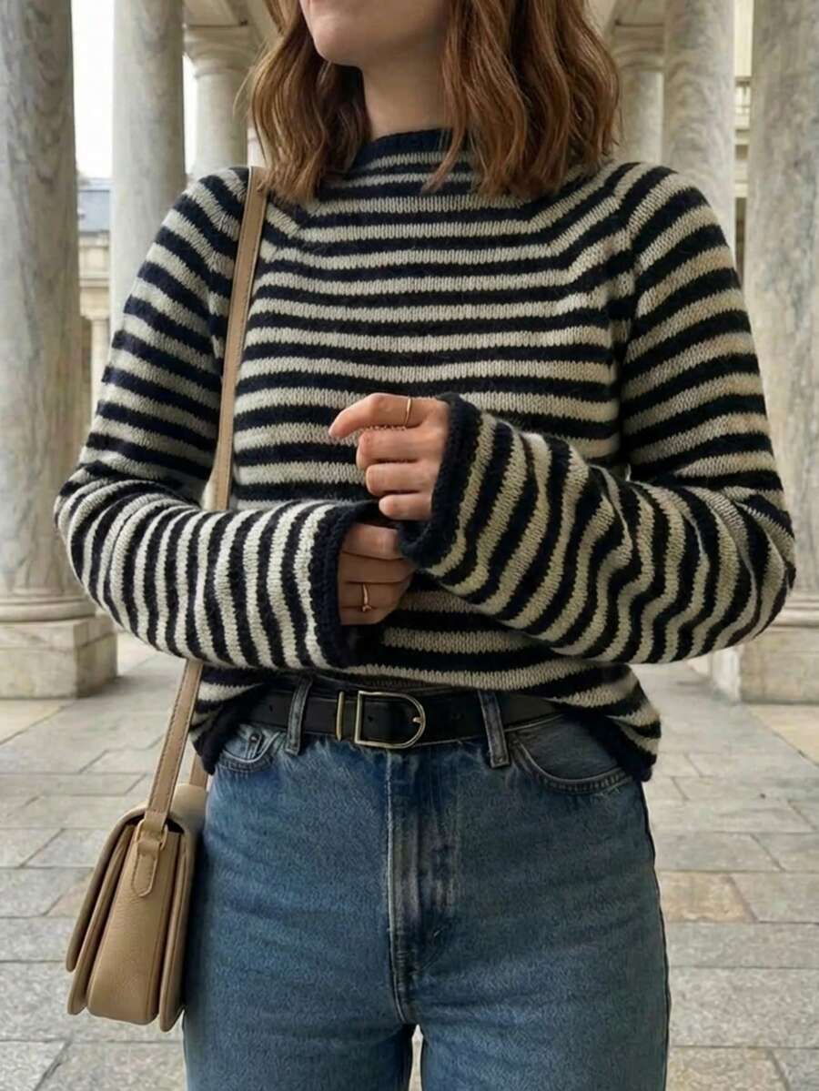 Minimalist Contrast Striped Crew Neck Knit Sweater, Long Sleeve Soft & Cozy Layering Top For Women, Autumn/Winter