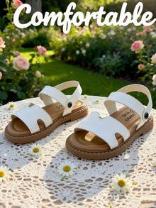 1 Pair Beige Children's Sandals, Girls' Summer Sandals, Open Toe Flat Sandals, Fashionable White Hollow Double Strap Hook And Loop Style, Suitable For Banquets, Gatherings, Parties, Weddings, Vacations - Beige - View 8