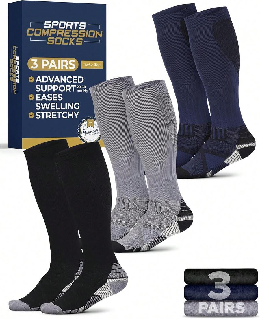 Pembrook 3 pares de calcetines de compresión de 20 a 30 mmHg - Calcetines de compresión para mujeres y hombres| correr, atletismo, viajes, enfermeras - Patrón de líneas (negro/blanco/azul) - 3 pares - Ver 1