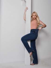Women's Straight Leg Jeans, High Waist, Comfortable, Casual, Stylish - Rửa trung bình - Xem 6