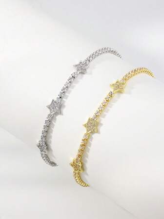 سوار نجمي أنيق من النحاس والزركونيا، إكسسوار عصري لامع متعدد الاستخدامات للنساء