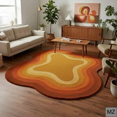 1pc Asymmetrical Shaped Ombre Orange-Yellow Artistic Carpet, With Warm-Toned Gradient Curved Layered Texture, Soft Style And Artistic, Fitting Wabi-Sabi And Light Retro Home Aesthetics