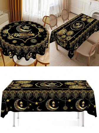 1pc, Black Golden Ramadan Kareem Tablecloth, Polyester Star Moon & Flower Design Eid Holiday Rectangle/Round Table Cover Home Kitchen Dining Table Decor Indoor & Outdoor Parties, Ramadan Decorations For Home 2026, Ramadan Mubarak Family Gatherings & Celebrations