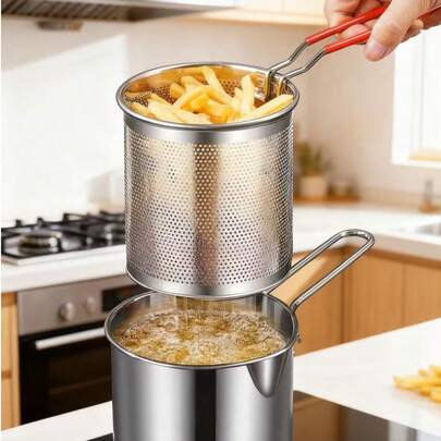 1 chiếc chảo chiên bằng thép không gỉ, nồi chiên dầu nhỏ gia dụng có lọc, chảo chiên mini dùng cho bếp từ, chảo chiên nhỏ dùng để chiên khoai tây, gà, cơm, súp lơ, gà viên, có khay hứng dầu, chảo chiên mini tiện dụng và thiết thực.