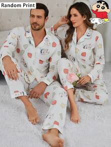 CRAYON SHINCHAN 2 件蜡笔小新泡泡云柔软舒适卡通印花开衫长袖睡衣套装女士随机印花春秋 - 米色 - 查看 1