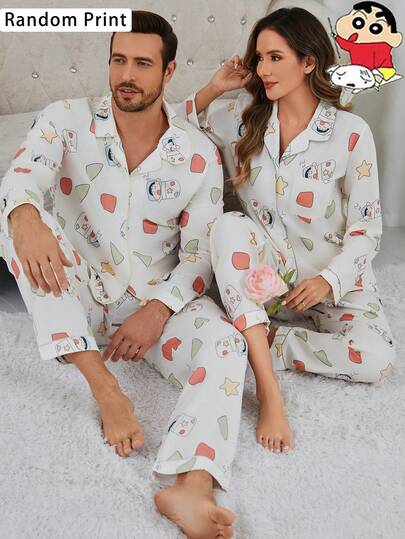 CRAYON SHINCHAN 2pcs Crayon Shin-Chan Bubble & Cloud Soft Comfortable Cartoon Print Cardigan Long Sleeve Pajama Set For Women, Random Print, Spring/Autumn