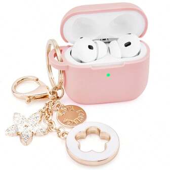 1 pieza Funda de silicona suave minimalista anti-caída + Llavero con trébol de strass Funda para auriculares Bluetooth compatible con Apple 1st/2nd/3rd/Pro/Pro 2nd Generation, diseño creativo compatible con Apple 4th Generation