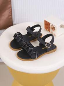 儿童时尚户外凉鞋，夏季方头平底鞋，系带凉鞋，新款女童鞋，时尚沙滩拖鞋 - 黑色 - 查看 3
