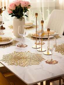 10pcs Gold Flower Pattern 15-Inch Round Placemats, 3.94-Inch Round Hollow Flower Coasters, Washable, Easy To Clean, Wipe-Clean, Non-Slip, Heat-Resistant, Suitable For Room Decor, Dining Table Decor, Home Decor, Holidays, Parties, Birthdays, Weddings And Dinners. - Multicolor - View 3