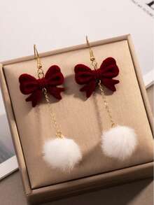 1对复古法式植绒蝴蝶结、绒球和流苏吊坠耳环，轻盈奢华耳环 - 紅白色 - 查看 3