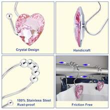 Shower Curtain Hooks Rings For Bathroom, 12PCS Valentines Day Heart Stainless Steel Rust Resistant Decorative Rhinestones Double Shower Hooks Hangers For Shower Curtains, Clothing, Etc.,DoubleHookPink - 雙鉤粉紅 - 查看 3