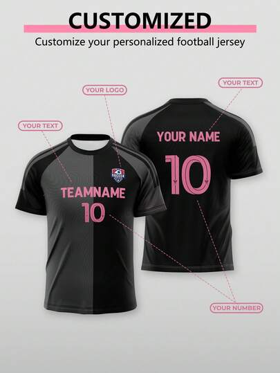 Customized Men's Short Sleeve Sports Sweatshirt For Football Team (Pink And Black Pattern Design) - Personalize With Name, Number, Team Name And Logo (Front/Back) - Suitable For Football Training, Matches And Team Sports